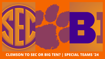 Logos for the SEC, Clemson University and the Big Ten