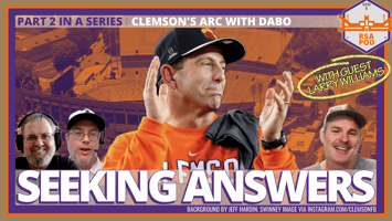 Photos of Clemson coach Dabo Swinney, podcast hosts Daniel Shirley and Bill Zimmerman, and guest Larry Williams, against a decorative backdrop with the headlines "Part 2 of a Series: Clemson's Arc under Dabo Swinney" and "Seeking Answers"