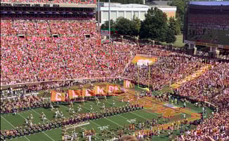 Clemson Memorial Stadium entrance as Tigers football players run down the hill