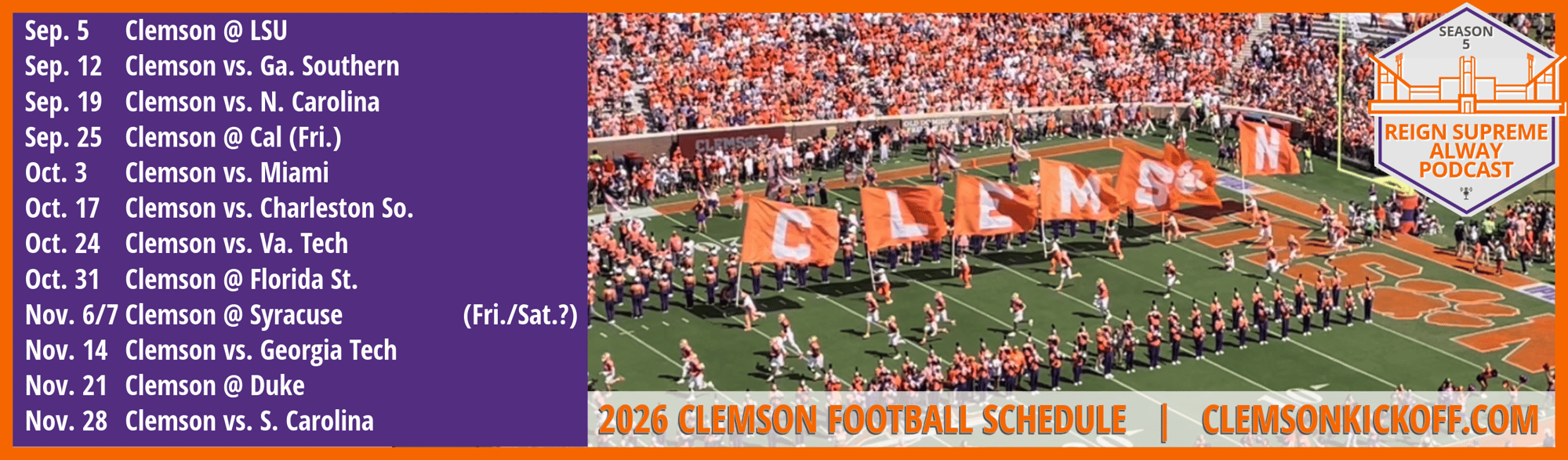 Clemson's 2026 football schedule next to a photo of the team running onto the field