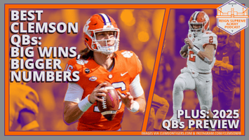 Image of Trevor Lawrence beside headline about best-ever Clemson quarterbacks, next to a second image of Cade Klubnik above a headline about previewing 2025 Clemson QBs