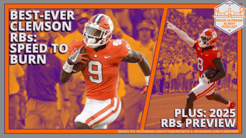 Images of Clemson running backs Travis Etienne and Adam Randall with the respective headlines, "Best-ever Clemson Running Backs: Speed to Burn" and "Plus: 2025 RBs Preview"