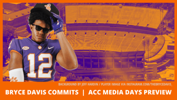 Cutout photo of Bryce Davis in front of duotone aerial photo of Clemson's stadium at Death Valley