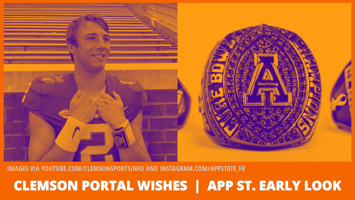 Photo of Clemson quarterback Cade Klubnik beside a photo of an Appalachian State ring