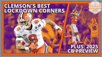 Two-panel image with one side showing Clemson cornerback great AJ Terrell under a headline "Clemson's Best Lockdown Corners" and the other side showing current Tigers CB Avieon Terrell above the headline "Plus: 2025 CB Preview"