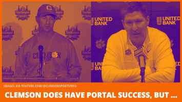 Portraits of two Clemson coaches, football's Dabo Swinney and basketball's Brad Brownell