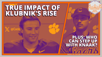 Clemson quarterback Cade Klubnik smiles during a news conference, plus an image of Clemson baseball pitcher Aidan Knaak