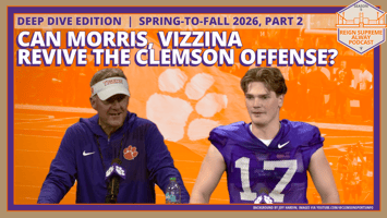 Clemson offensive coordinator Chad Morris and quarterback Christopher Vizzina beneath headlines that say Deep-Dive Edition, Spring-to-Fall-2026 Part 2, Can Morris, Vizzina Revive the Clemson Offense?