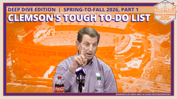 Dabo Swinney with a background image of Clemson Memorial Stadium and a headline of Clemson's Tough To-Do List beneath a label that says "Deep-dive edition: Spring-to-Fall 2026, Part 1 