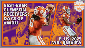 Images of Clemson's DeAndre Hopkins and Antonio Williams alongside headlines about the best Tigers wide receivers ever and a preview of the position for the 2025 season.