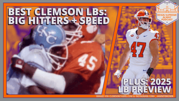 Clemson linebacking great Jeff Davis makes a tackle under the headline "Best Clemson LBs: Big Hitters + Speed" and another photo shows Sammy Brown and says "Plus: 2025 LB Preview"
