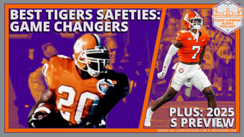 2-panel photo: on left, Brian Dawkins shown under headline "Best Tigers Safeties: Game Changers" and on right, current Clemson safety Khalil Barnes is shown above headline "Plus: 2025 Tigers Safeties Preview"
