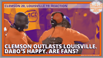 Clemson's Dabo Swinney and his assistant coaches celebrate a missed Louisville field goal attempt during Friday night's Tigers win.