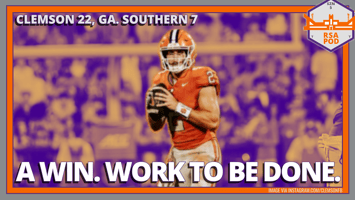 Clemson QB Tait Reynolds in color against a duotone backdrop with the headline "A Win. Work to be Done. Clemson 22, Ga. Southern 7"