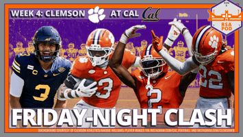 Cal QB Jaron Keawe-Sagapolutele and Clemson DBs Elliot Washington, Ashton Hampton and Corey Myrick against a decorative backdrop with the headlines "Friday-Night Clash" and "Week 4: Clemson at Cal"