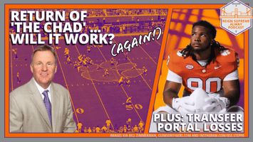 Image of Chad Morris over background of Clemson football stadium; also image of Clemson player in transfer portal
