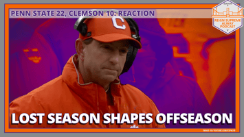 Clemson head coach Dabo Swinney with a headline "Penn State 22, Clemson 10: Reaction" and another headline "Lost Season Shapes Offseason"