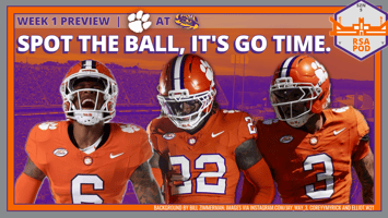 Clemson transfers Jerome Carter, Corey Myrick and Elliot Washington against a decorative backdrop with the headline, "Spot the Ball, It's Go Time."