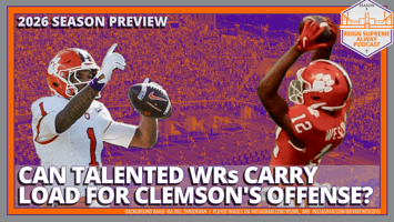 Clemson wide receivers TJ Moore and Bryant Wesco against a decorative backdrop image with the headline "2026 Season Preview: Can Talented WRs Carry Load for Clemson's Offense?"
