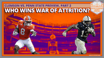 Images of Clemson running back Adam Randall and Penn State running back Keytron Allen with Yankee Stadium in the background in duotone