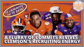 Four Clemson football commits for the 2027 signing class against a decorative backdrop and a headline saying "A flurry of commits revives Clemson's recruiting energy"
