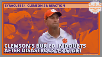 Clemson coach Dabo Swinney with a headline about the Tigers loss to Syracuse