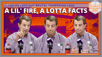 Images of Dabo Swinney speaking Friday beneath the headline "A lil' fire, a lotta facts" and a smaller headline "Clemson lays out brutal tampering case"