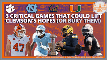 Clemson's Sammy Brown and players from UNC, Cal and Miami with the headline "3 Critical Games that Could Lift Clemson's Hopes (or Bury Them)