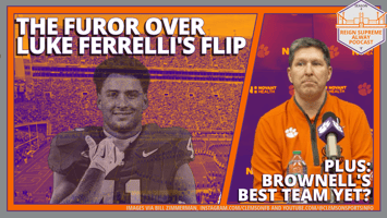 Photo of Clemson transfer portal signee Luke Ferrelli beneath headline "The Furor Over Luke Ferrelli's Flip" and another photo of basketball coach Brad Brownell over a secondary headline "Plus: Brownell's Best Team Yet?"
