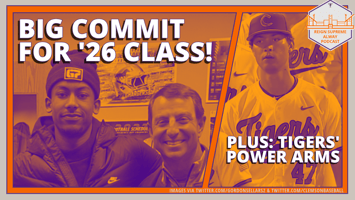 Clemson football commit Gordon Sellars stands with Dabo Swinney plus a second image of Clemson baseball closer Lucas Mahlstedt