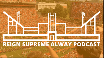 Shot of Clemson Memorial Stadium with Reign Supreme Alway Podcast logo superimposed