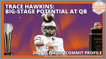 Clemson QB commit Trace Hawkins against a decorative background with the headline, "Big-Stage Potential at QB"
