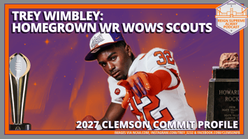 Clemson WR commit Trey Wimbley against a decorative backdrop and the headline "Homegrown WR wows scouts"