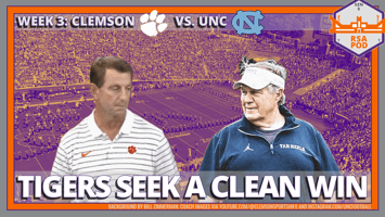 Clemson coach Dabo Swinney and UNC coach Bill Belichick against a decorative background of Death Valley and the headline Tigers Seek a Clean Win: Week 3, Clemson vs. UNC