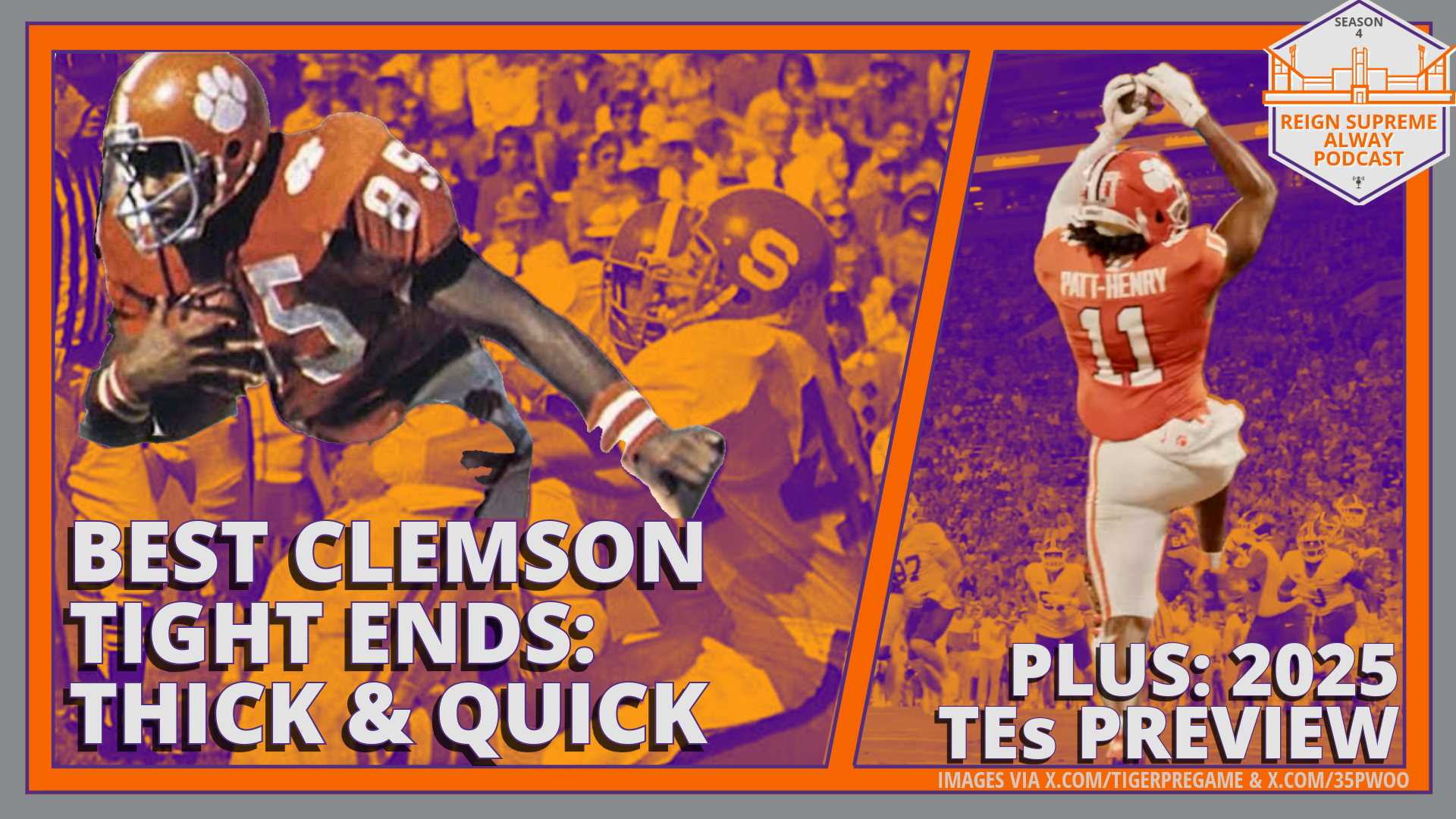 Images of Clemson players Bennie Cunningham and Olsen Patt-Henry with headlines about the program's best tight ends and 2025 position preview
