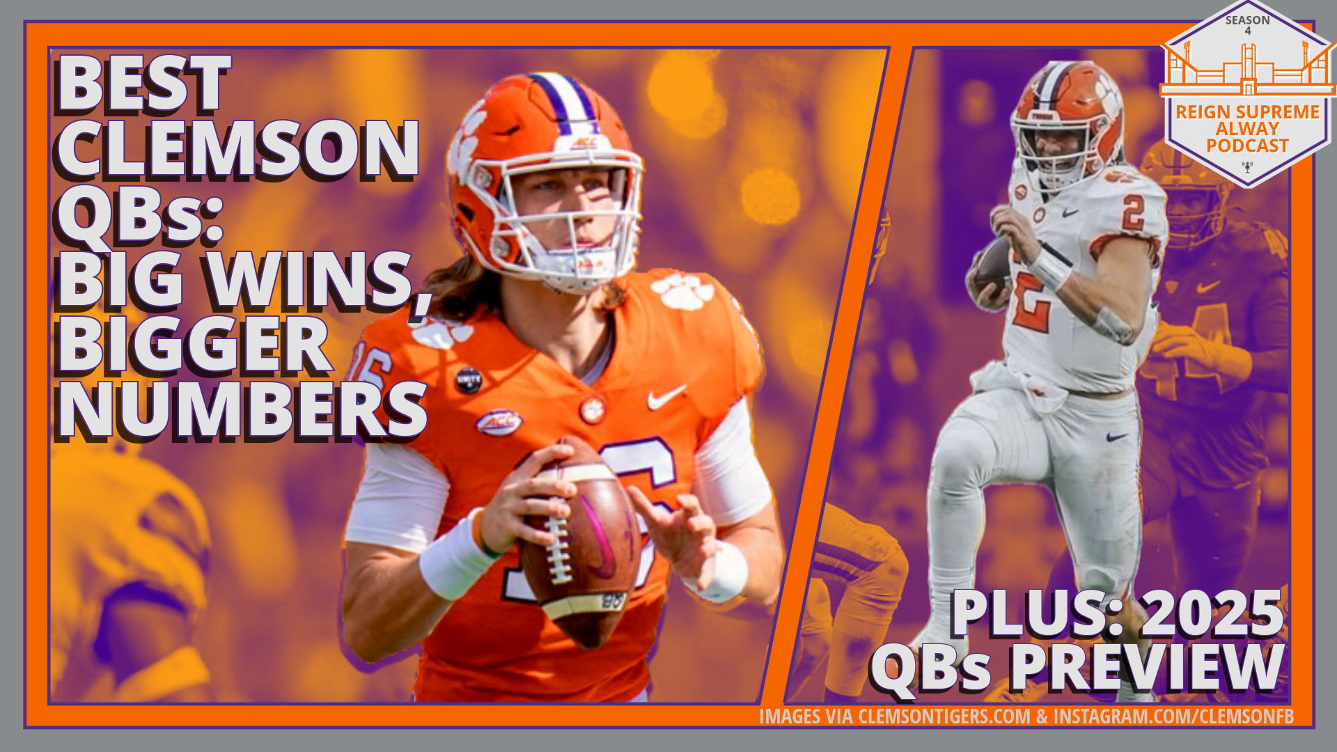 Image of Trevor Lawrence beside headline about best-ever Clemson quarterbacks, next to a second image of Cade Klubnik above a headline about previewing 2025 Clemson QBs