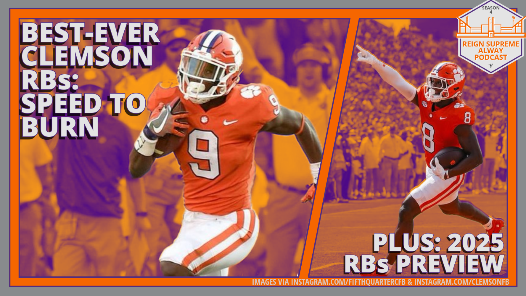 Images of Clemson running backs Travis Etienne and Adam Randall with the respective headlines, "Best-ever Clemson Running Backs: Speed to Burn" and "Plus: 2025 RBs Preview"