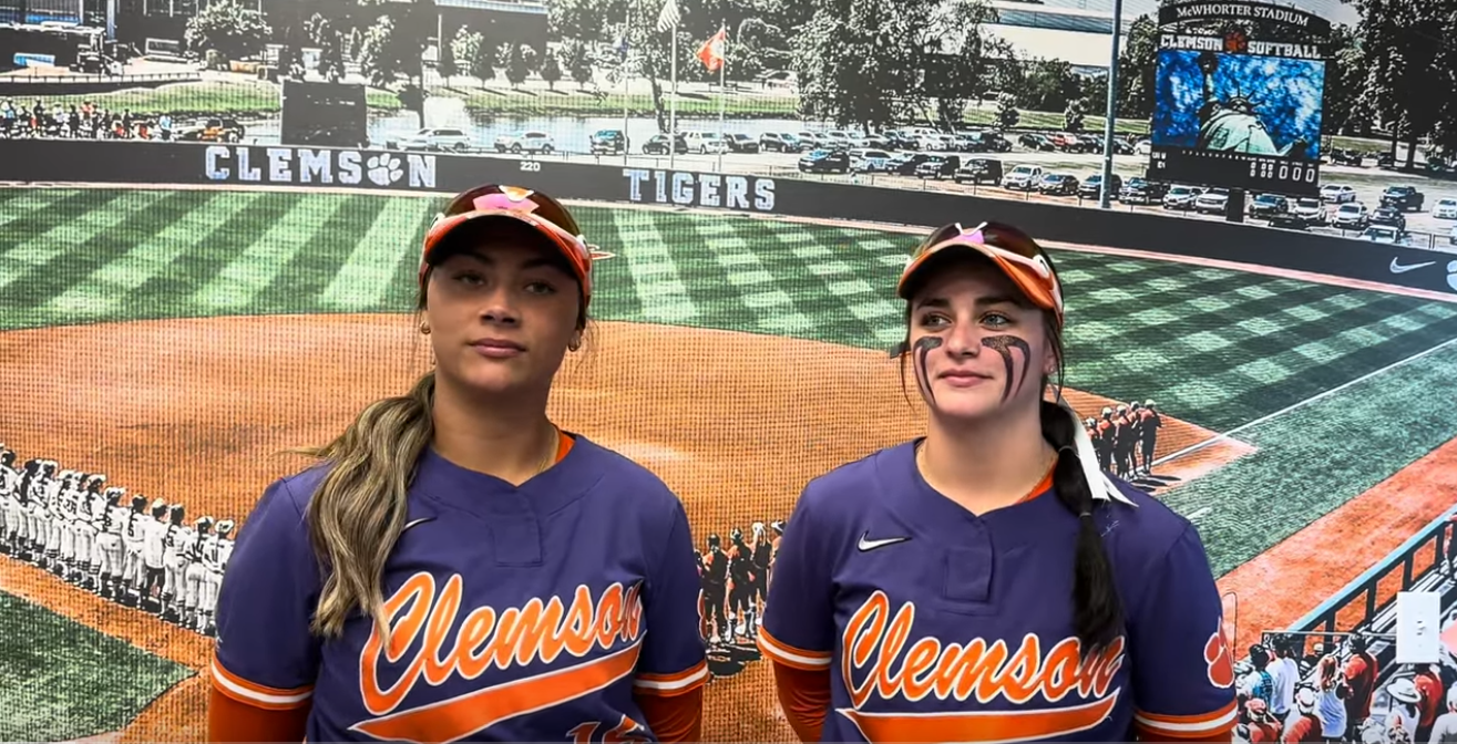 Clemson softball players Macey Cintron and Julia Knowler standing beside each other