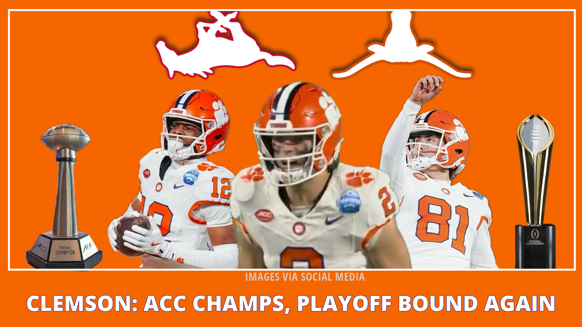 Bryant Wesco, Cade Klubnik and Nolan Hauser amid logos of the ACC and College Football Playoff trophies and SMU Mustants and Texas Longhorns