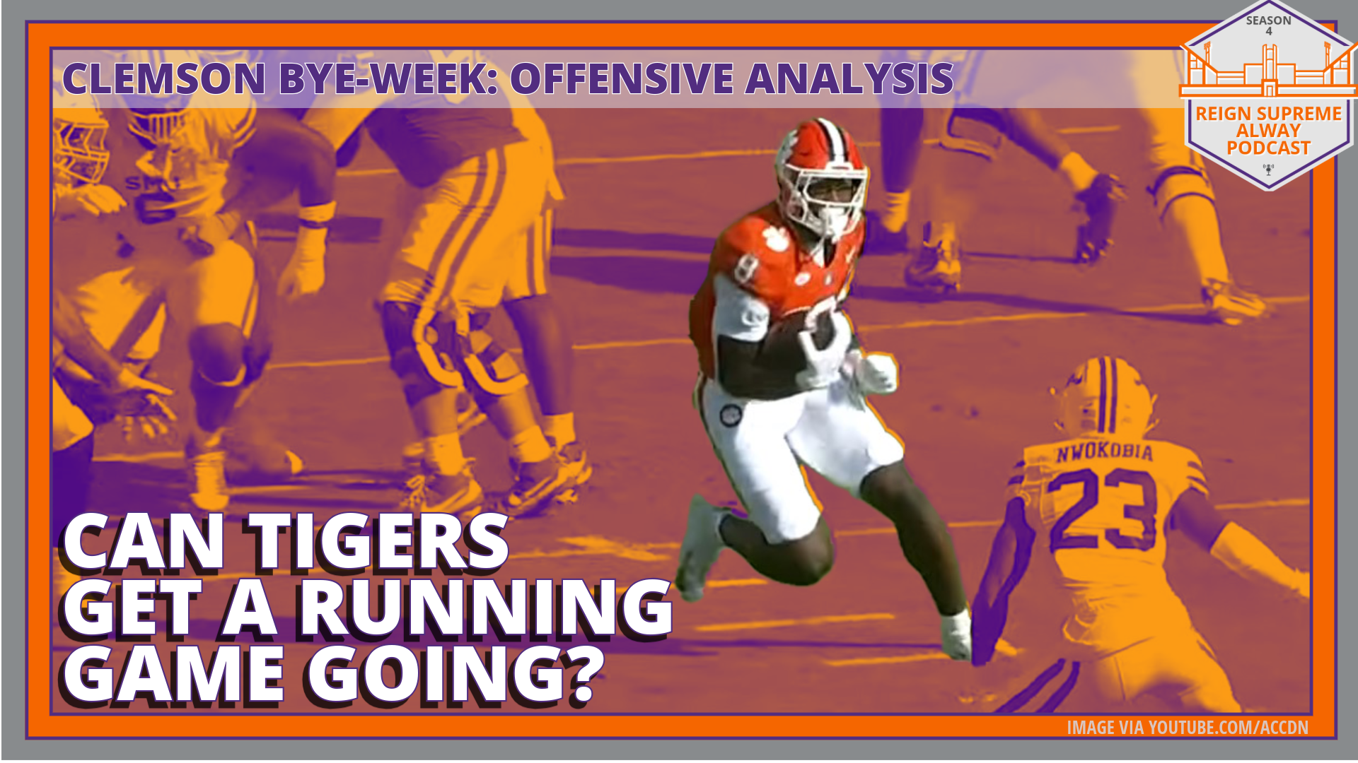 Clemson running back Adam Randall carries the ball; headlines in the image say "Clemson bye week: Offensive analysis" and "Can Tigers get running game going?"