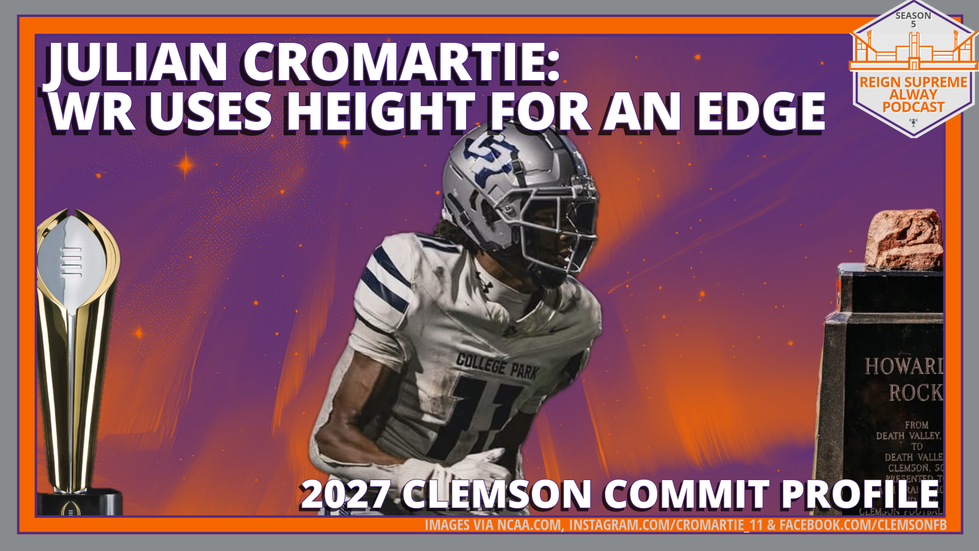 Wide Receiver prospect Julian Cromartie against a creative backdrop in Clemson colors