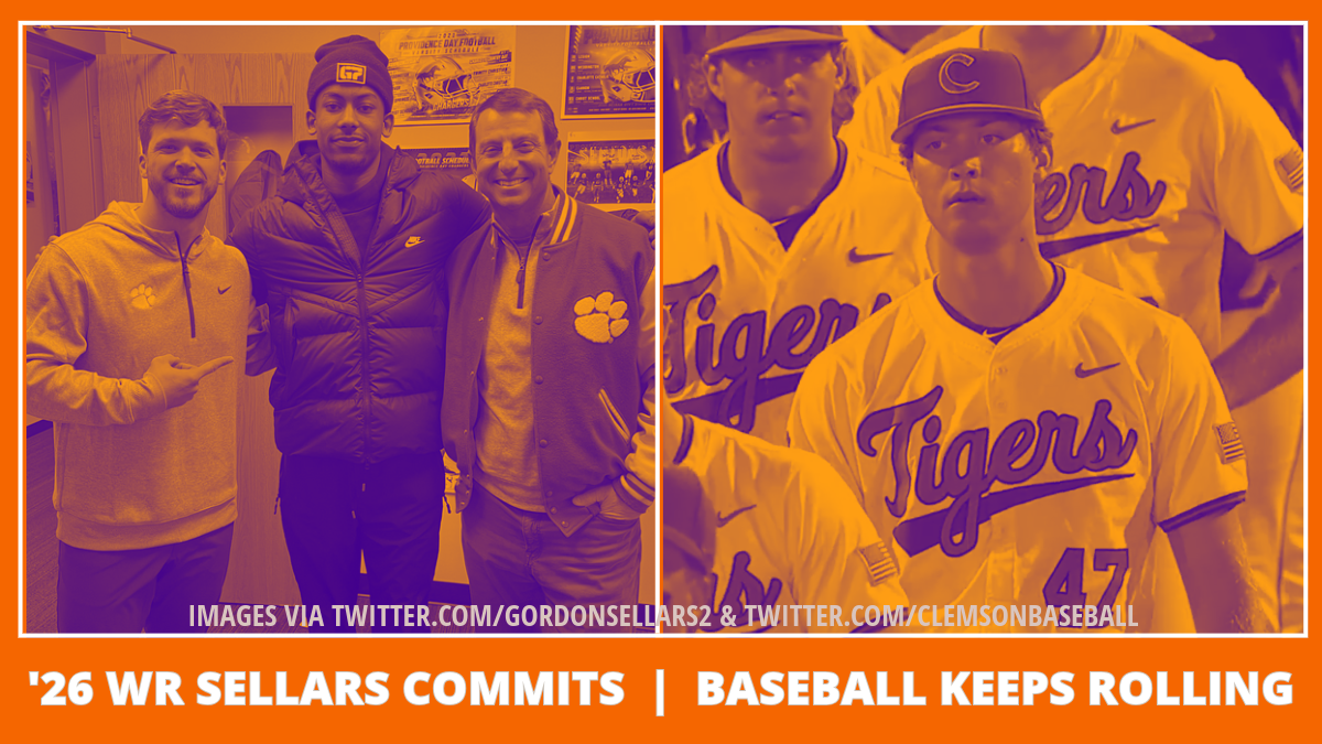Two images side by side, one of football recruit Gordon Sellars with Clemson coach Dabo Swinney, the other of Clemson baseball pitcher Lucas Mahlstedt with his teammates