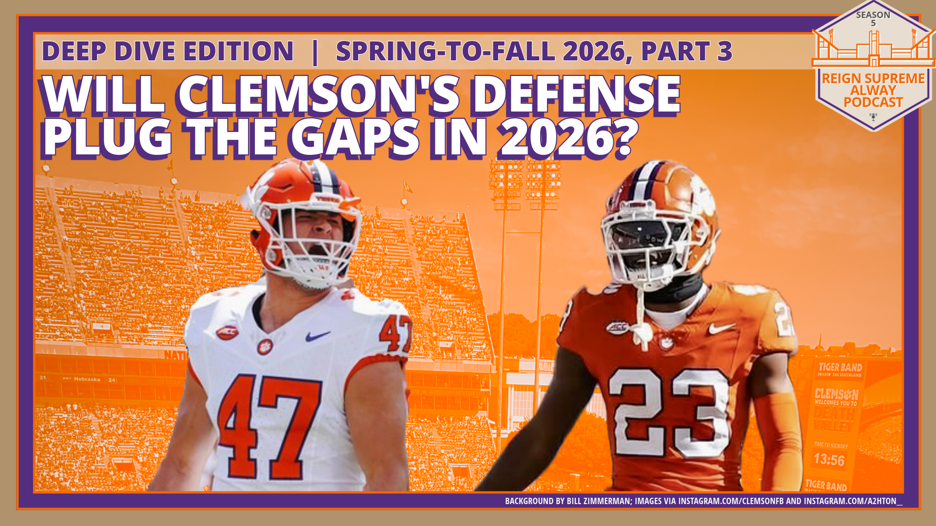 Clemson football players Sammy Brown and Ashton Hampton against a decorative backdrop of the stadium with the headline "Will Clemson's Defense Plug the Gaps in 2026?"
