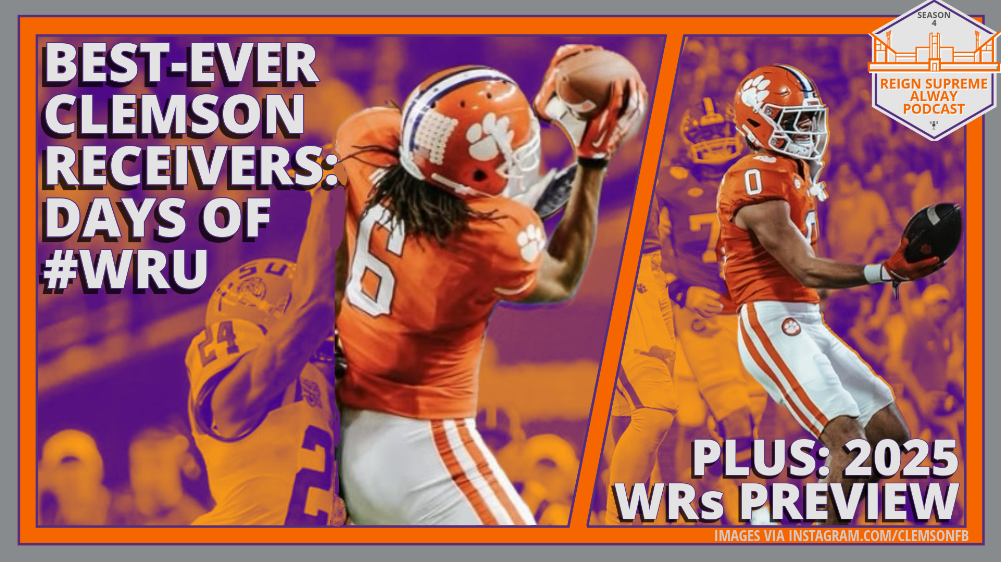 Images of Clemson's DeAndre Hopkins and Antonio Williams alongside headlines about the best Tigers wide receivers ever and a preview of the position for the 2025 season.