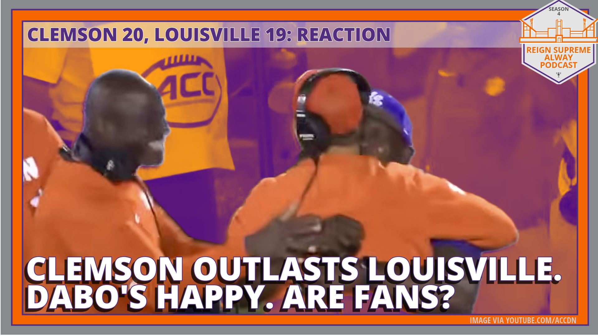 Clemson's Dabo Swinney and his assistant coaches celebrate a missed Louisville field goal attempt during Friday night's Tigers win.