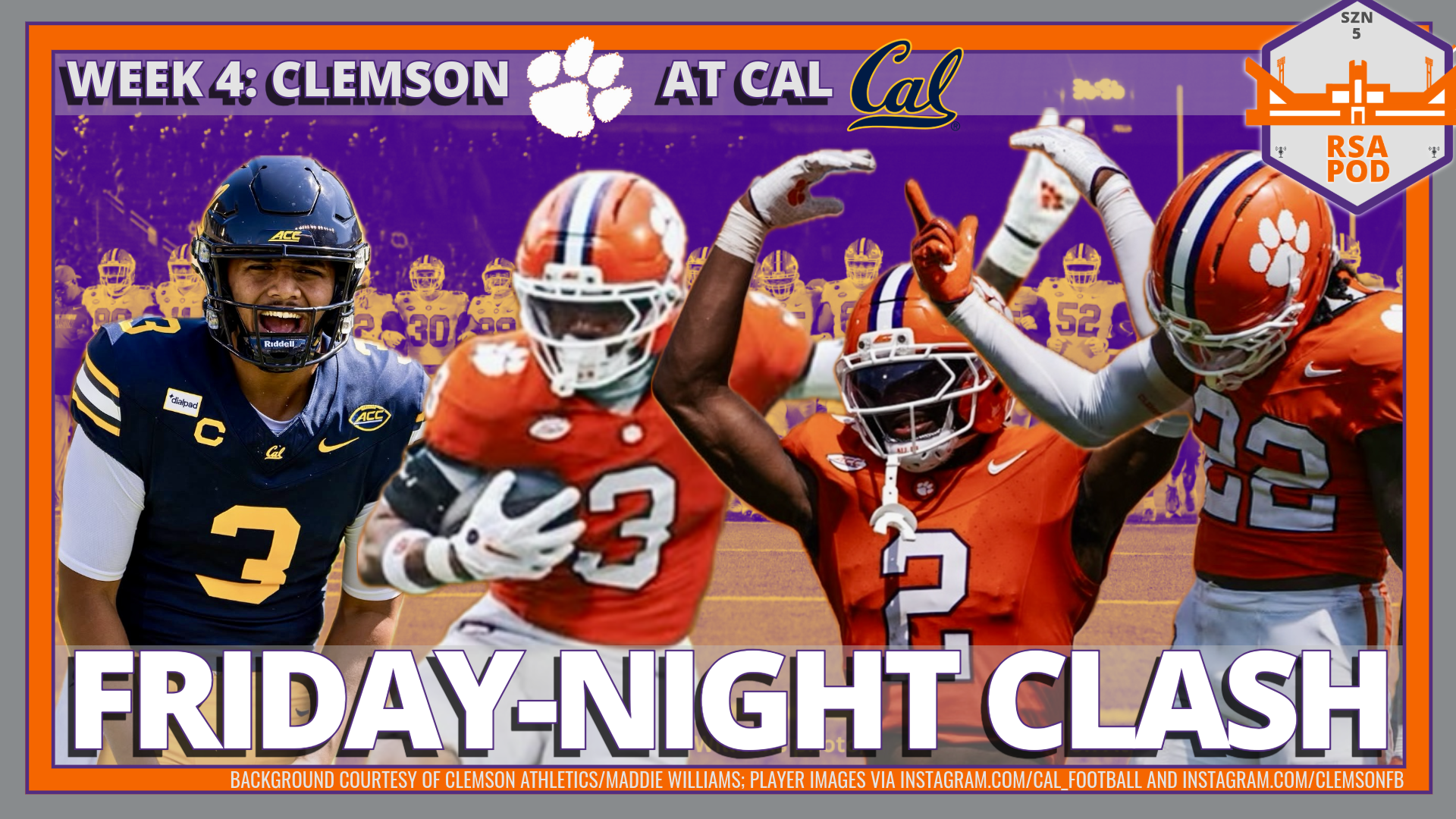 Cal QB Jaron Keawe-Sagapolutele and Clemson DBs Elliot Washington, Ashton Hampton and Corey Myrick against a decorative backdrop with the headlines "Friday-Night Clash" and "Week 4: Clemson at Cal"