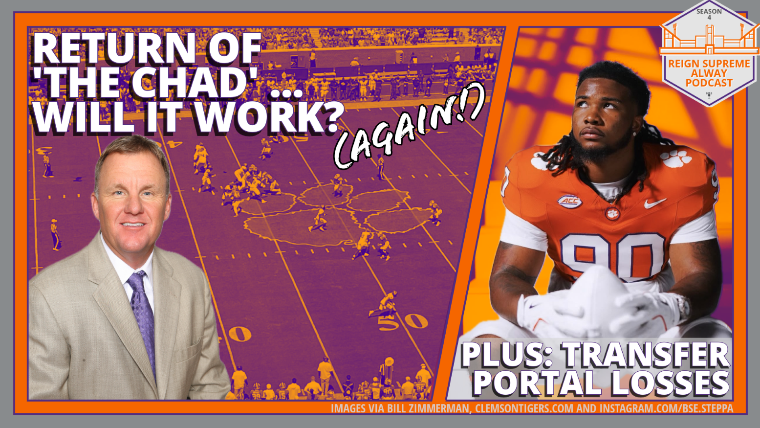 Image of Chad Morris over background of Clemson football stadium; also image of Clemson player in transfer portal