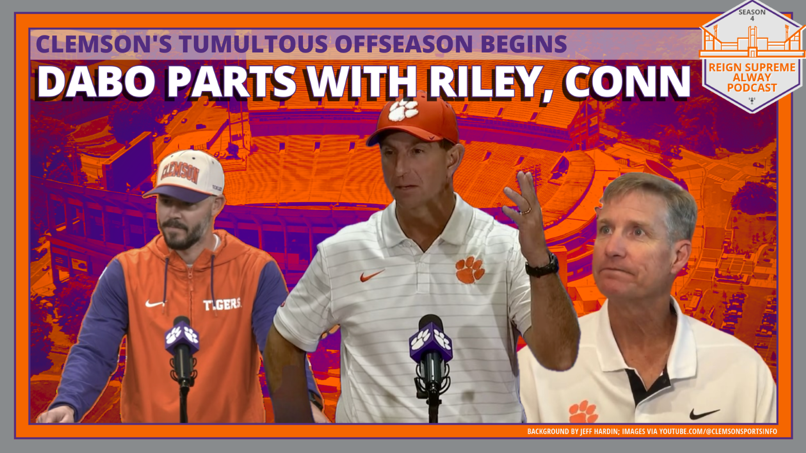 An image of Clemson head coach Dabo Swinney between images of former assistants Garrett Riley and Mickey Conn