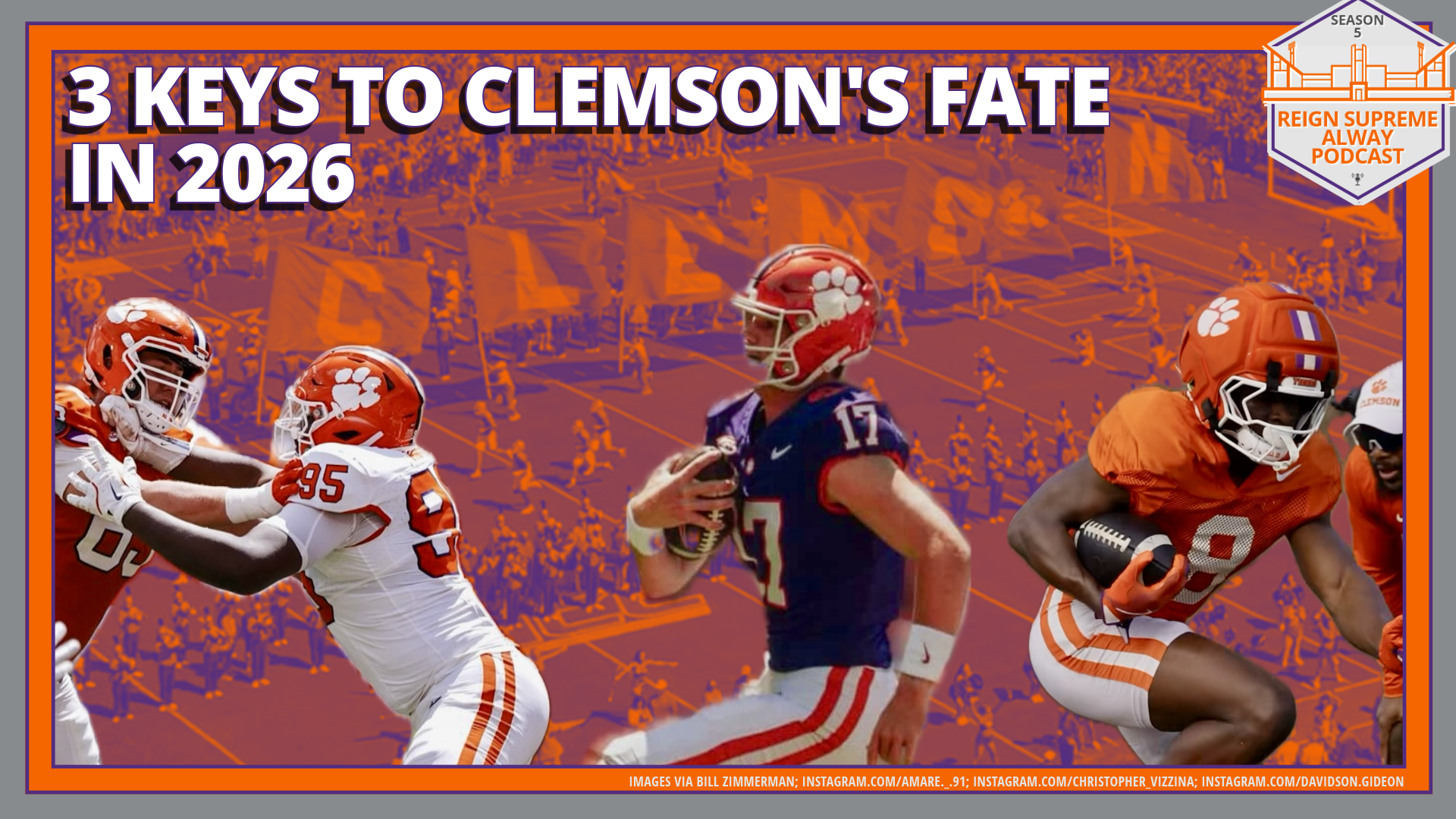 Clemson players against a decorative background and the headline "3 Keys to Clemson's Fate in 2026"