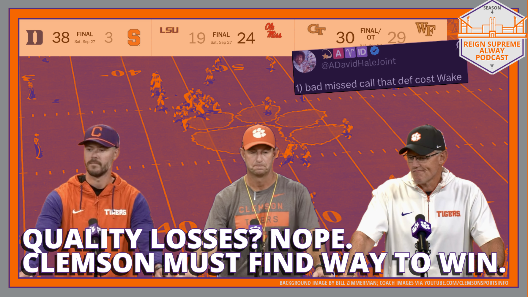 Photos of Clemson coaches Dabo Swinney, Garrett Riley and Tom Allen against a backdrop of the Tigers field and the scores of previous opponents.